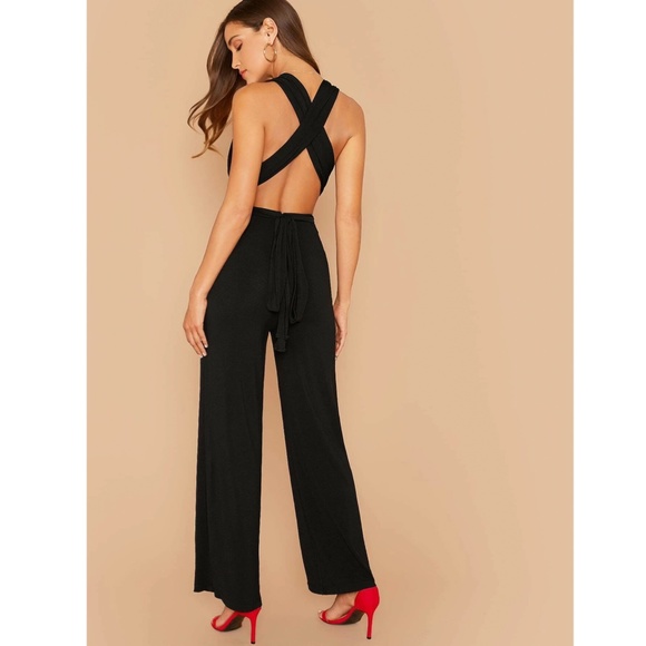 Multi Way Wrap Tie Top Black Elegant Jumpsuit Wide Long Leg Backless - Picture 3 of 16